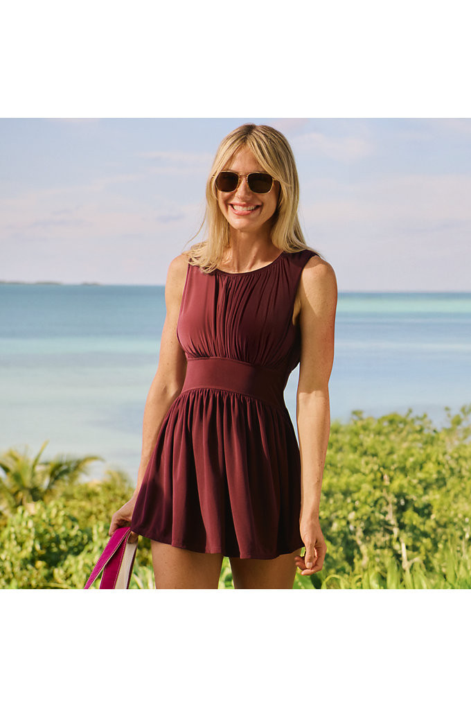 Women's High Neck Ruched Swim Dress - Lands' End - Purple - 10 | Lands' End (US)