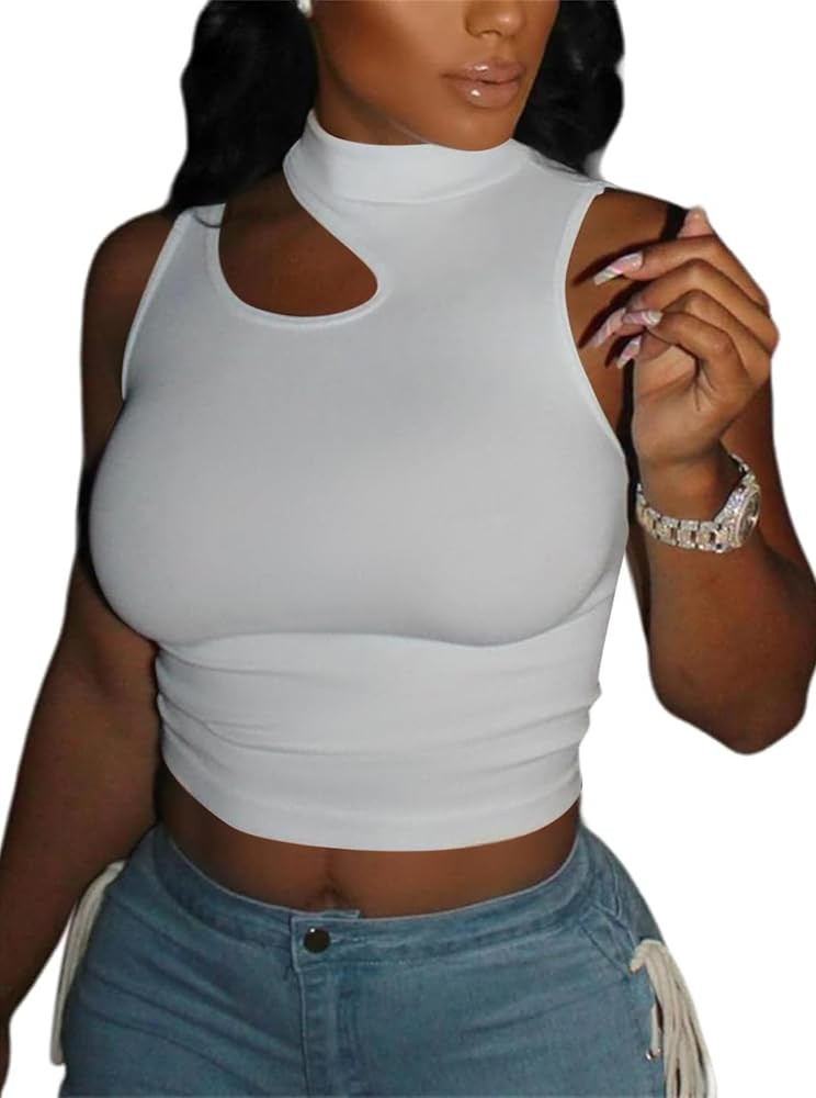 LovelyWholesale Crop Tops for Women Sexy Cut Out Tops Mock Neck Tank Top | Amazon (US)