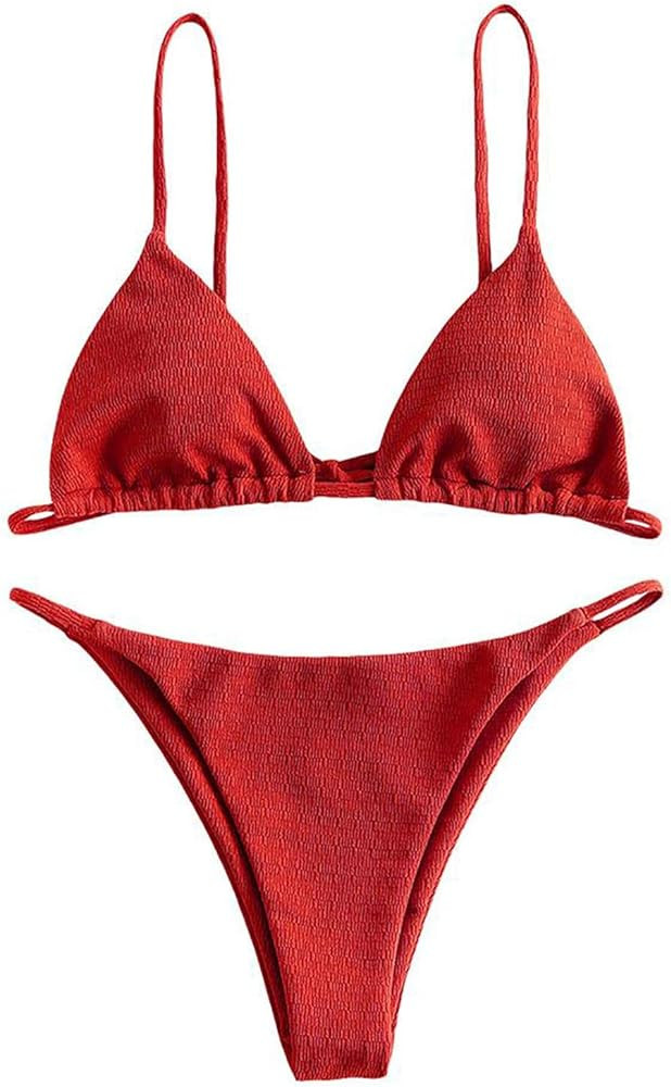 ZAFUL Women's Sexy Triangle Bikini Set Cami String Swimwear Texture High Cut Thong Swimsuit Cheek... | Amazon (US)