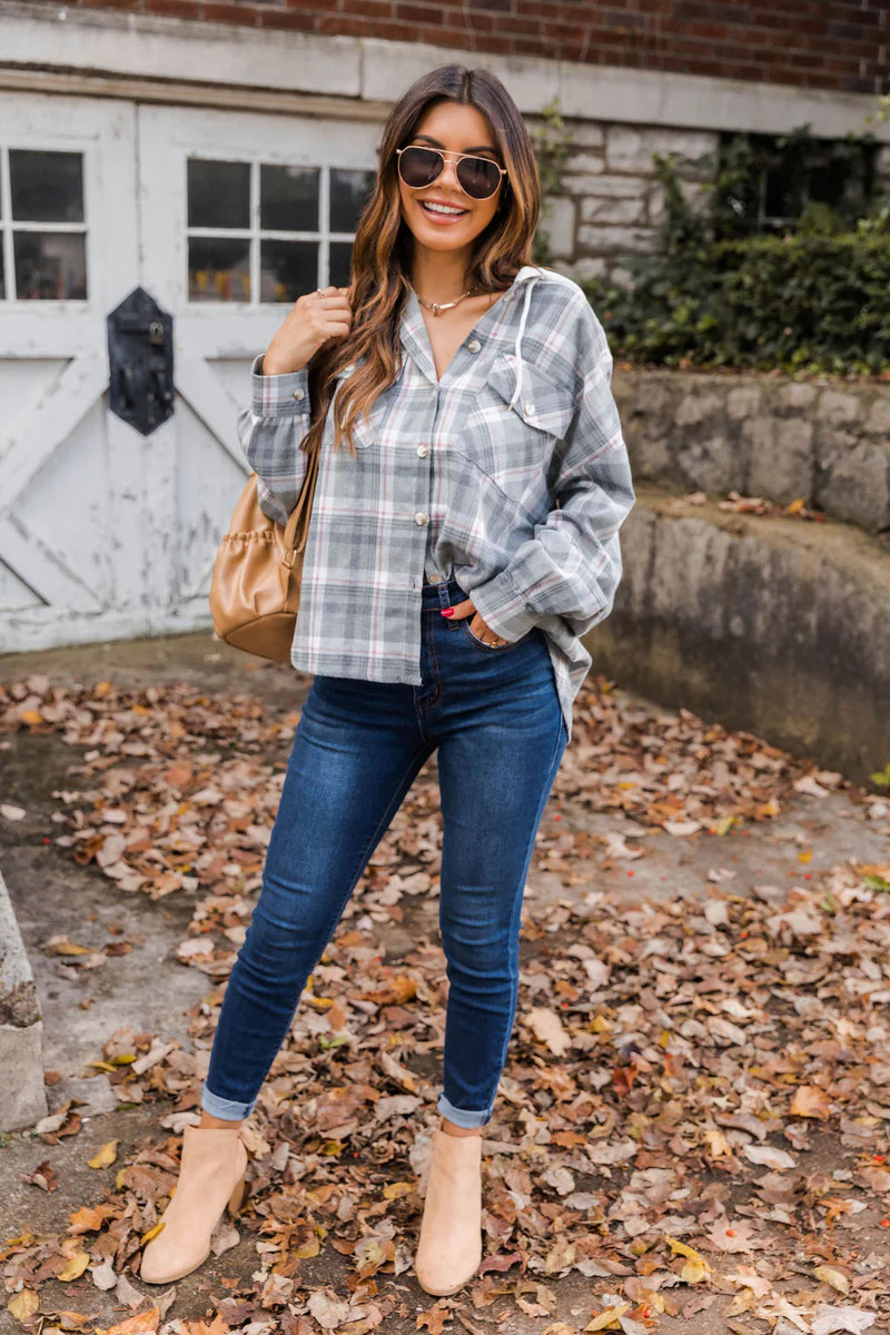 Found Reality Olive Hooded Plaid Flannel Blouse | The Pink Lily Boutique