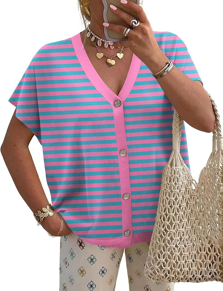 LOMON Oversided Cardigan Sweaters for Women Short Cap Sleeve V-Neck Casual Button Lightweight Kni... | Amazon (US)