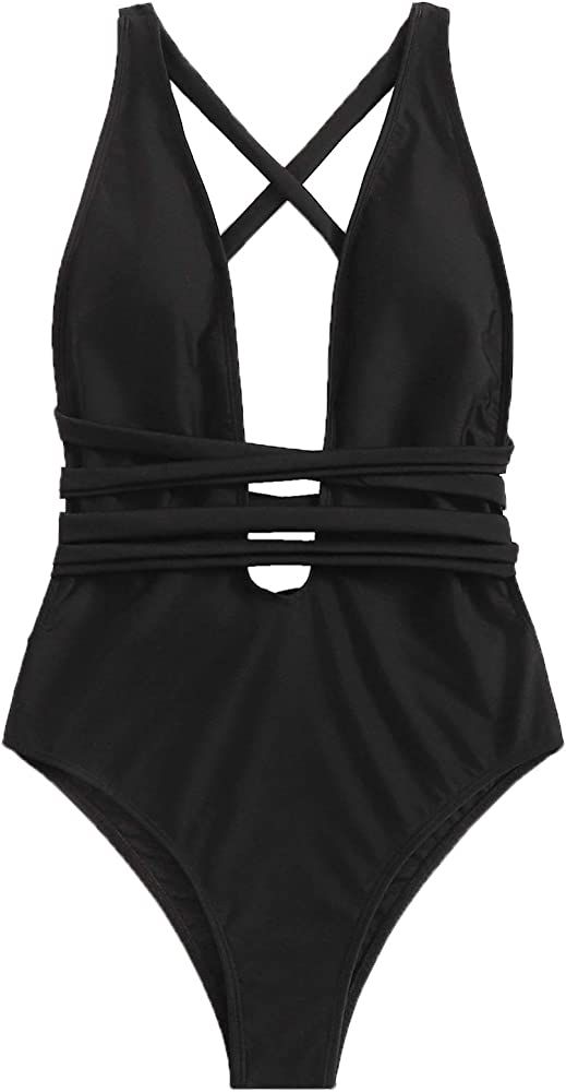 SweatyRocks Women's Sexy Basic Criss Cross Tie Knot Front Deep V Open Back One Piece Swimwear | Amazon (US)