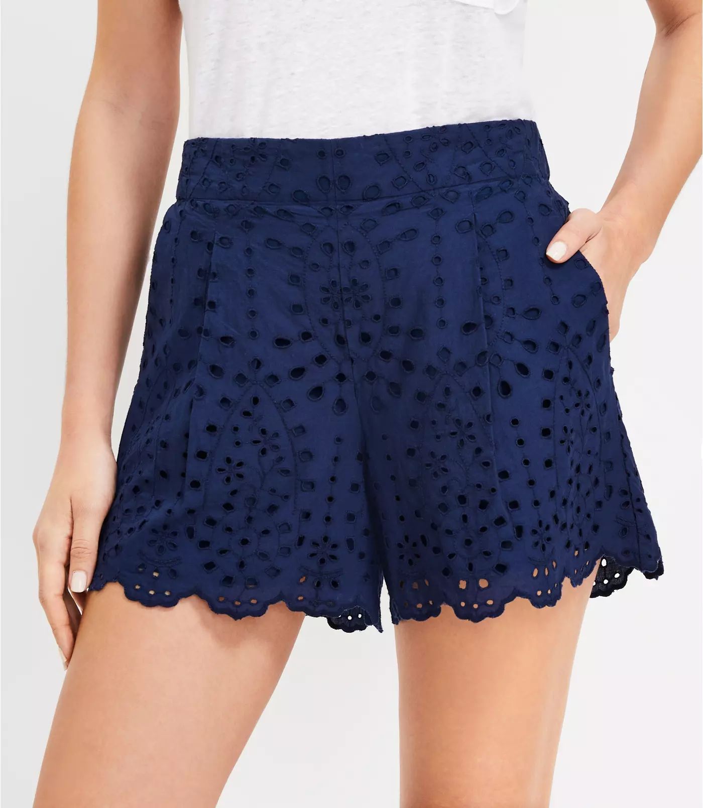 Pleated Pull On Shorts in Eyelet | LOFT
