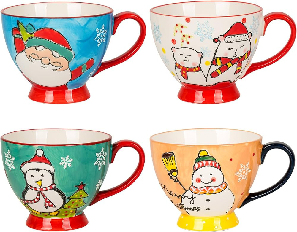 LiYiQ 17.5 Oz Jumbo Christmas Coffee Mug Set of 4, Cute Ceramic Santa Mug Set In Multiple Color I... | Amazon (US)