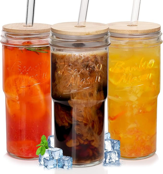 ANOTION Glass Cups with Lids and Straws, 24 oz Travel Coffee Mug Wide Mouth Mason Jar Iced Coffee... | Amazon (US)