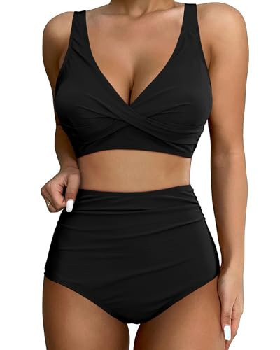 GRAPENT Black Swimsuit Black Bikini Set Ruched Bikini Bathing Suit for Women Tummy Control High Waist Bikini Black Size Small US Size 4 to Size 6 | Amazon (US)