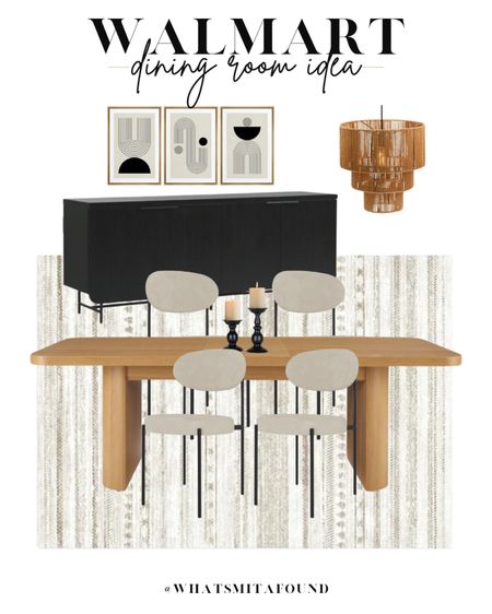 Walmart dining room idea, dining room inspo, neutral dining room, modern dining room, boho dining room, wood dining table, wooden dining table, modern dining table, boho dining table, boucle dining chair, modern dining chair, black buffet, black sideboard, modern buffet, modern sideboard, tiered chandelier, boho chandelier, modern chandelier, candlestick holders, table centerpiece, boho rug, modern rug, neutral rug, neutral wall art set, modern wall art set, boho wall art set 

#LTKstyletip #LTKsalealert #LTKhome