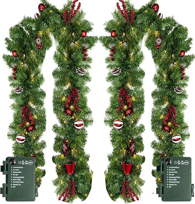 Nerosun 9FT Christmas Garland with 50LED Lights, 2 Pack Battery Operated Prelit Garland Christmas... | Amazon (US)