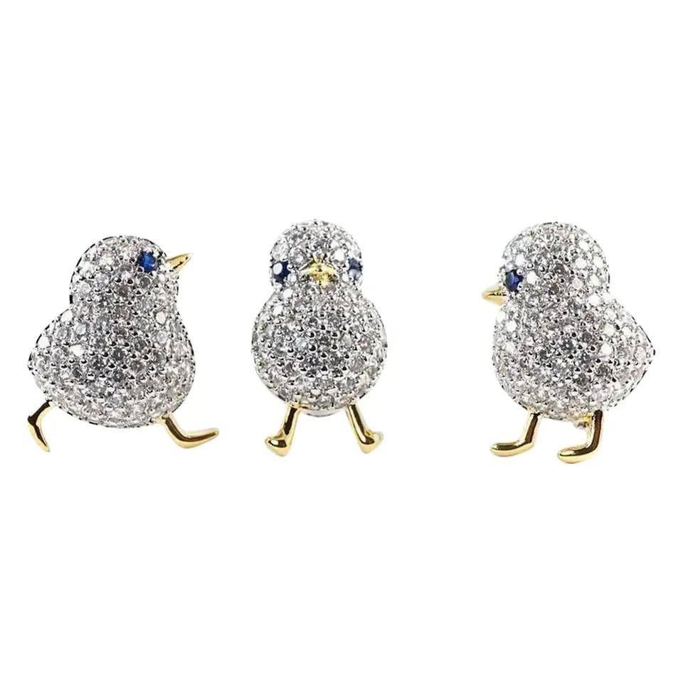 3 Bird Chicks Sparkling Crystal Golden Vintage Brooch Pins | 1stDibs