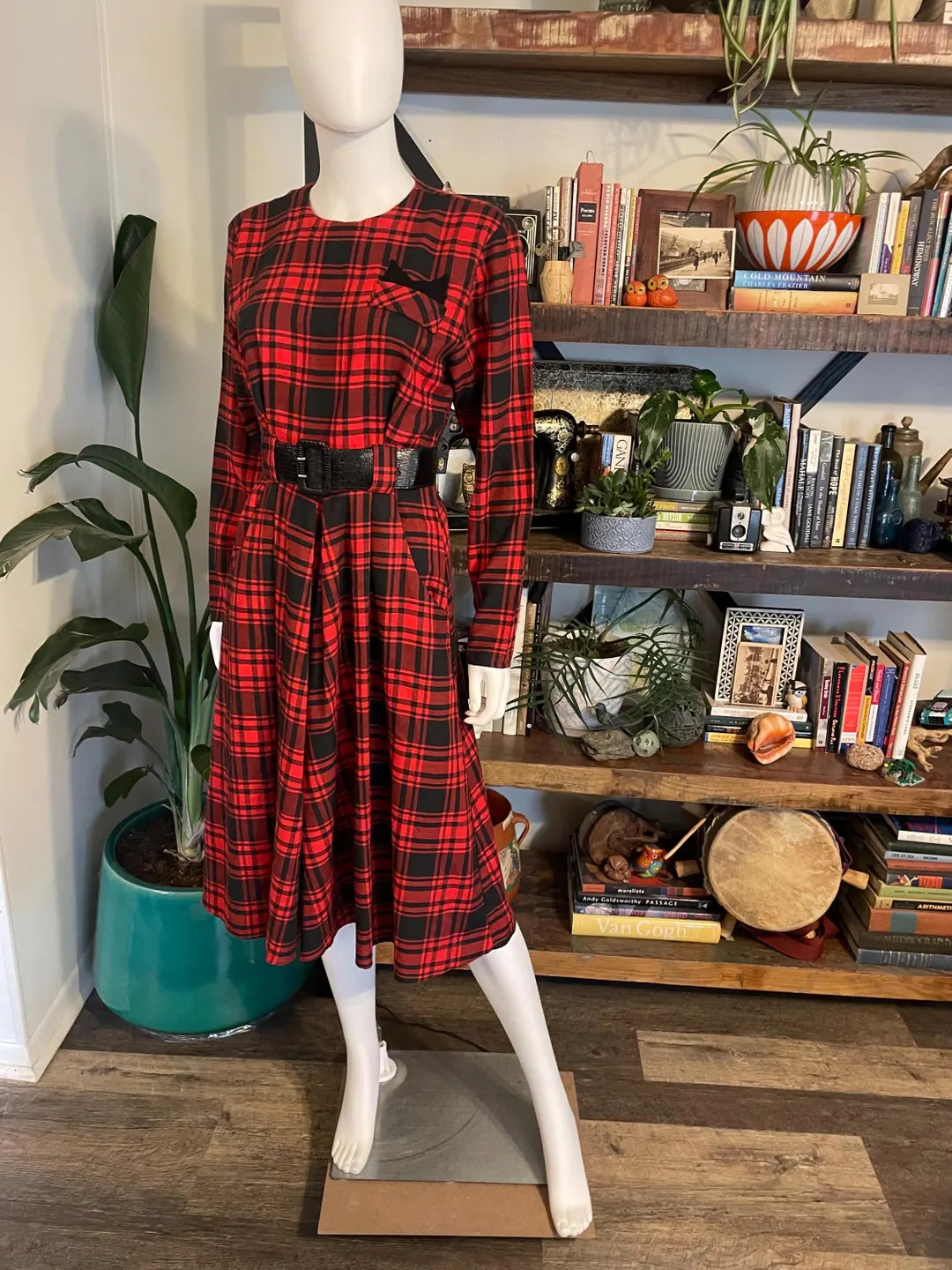 Vintage 80s 90s Jody Plaid Dress Red & Black Tartan Midi Dress Pockets Belt Small | Etsy (US)