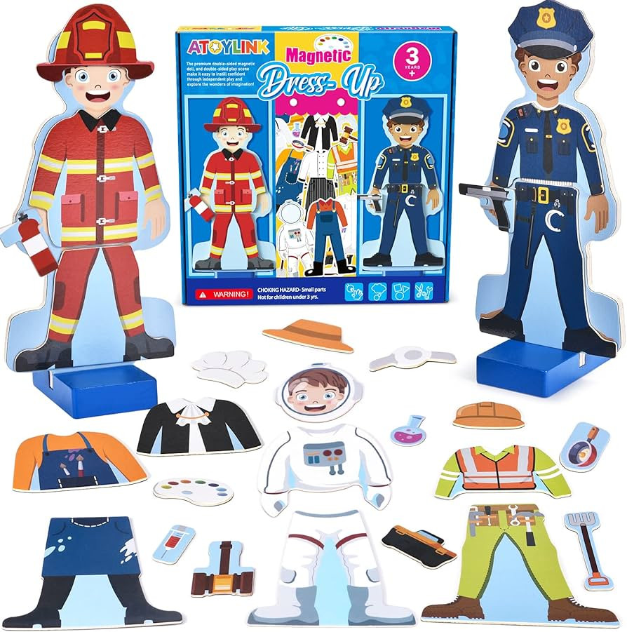 Atoylink Wooden Magnetic Dress up Dolls Pretend Play Set 40+ Pcs Occupations Community Helpers Ma... | Amazon (US)