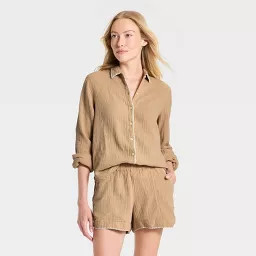 Women's Long Sleeve Collared Button-Down Shirt - Universal Thread\u2122 Tan XL | Target