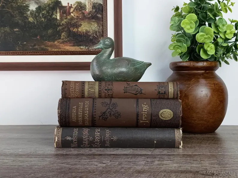 Brown Antique Book Set of 3, Vintage Neutral Decorative Books, Old Bookshelf Decor Farmhouse Fren... | Etsy (Global)