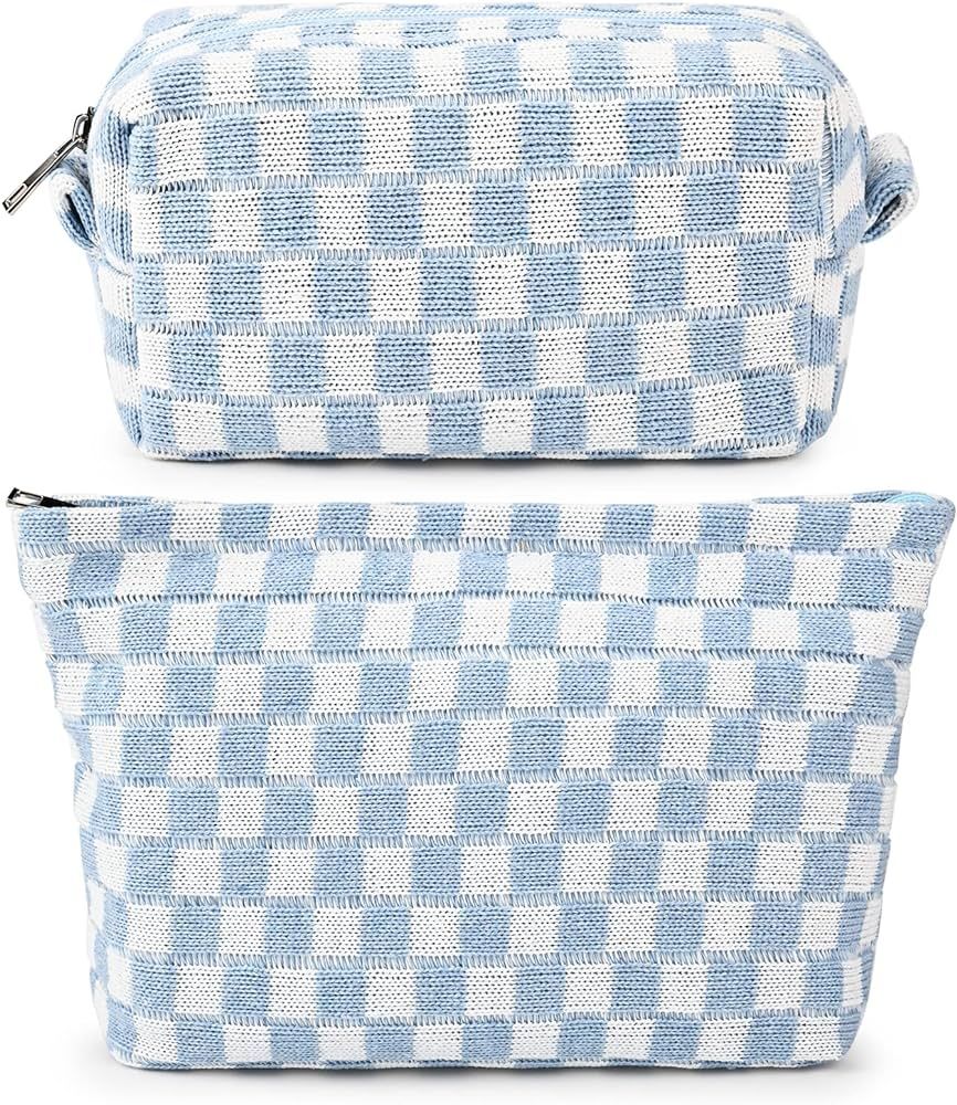 2 Pieces Makeup Bag Large Checkered Cosmetic Bag Blue Capacity Canvas Travel Toiletry Bag Organiz... | Amazon (US)