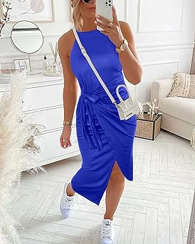 NOLLSOM Women Casual Sleeveless Striped Tank Midi Dresses Halter Neck Ruched Bodycon Dresses Tie ... | Amazon (US)