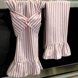 Red Ticking Stripe Ruffled Kitchen Towel Set of 2 | Antique Farm House