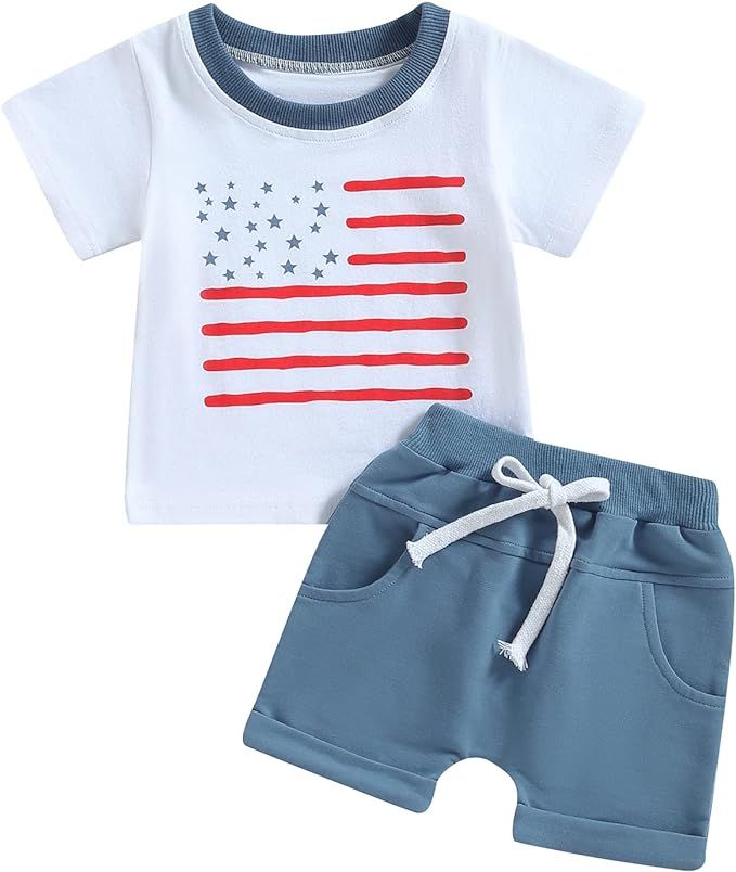 4th of July Baby Boy Outfit Infant USA Embroidered Shirt + American Flag Shorts Set Toddler Indep... | Amazon (US)