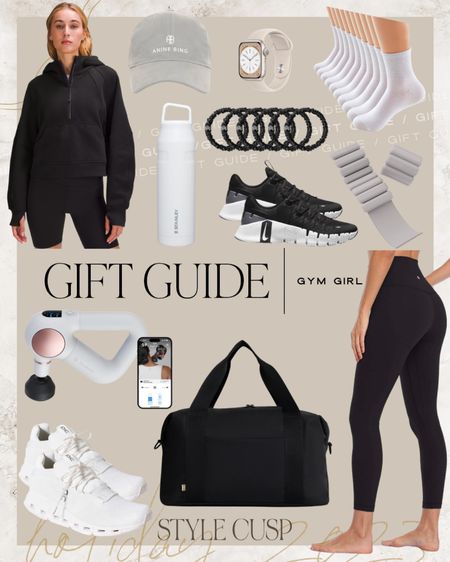 Holiday Gift Guide: Gym Girl. A roundup of all my favorite fitness gift finds & must-haves. 

Nike sneaker, Lululemon scuba, hair ties, Amazon socks, massage gun, best workout leggings, on cloud sneakers, ankle weights, gym bag