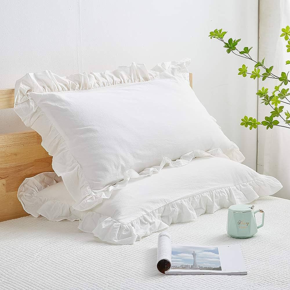 Shabby Off White Ruffle Pillow Covers Queen Size Set of 2, Washed Cotton Farmhouse Pillowcases Pi... | Amazon (US)