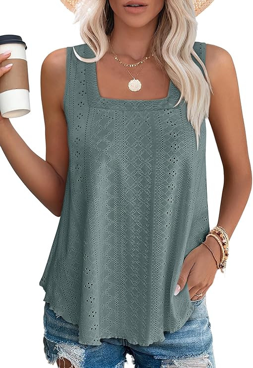 WEESO Womens Tank Tops Square Neck Sleeveless Beach Vacation Clothes Loose Fit Casual Summer Tops | Amazon (US)