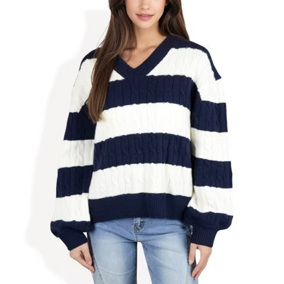 Anna-Kaci Women's Striped Knit Sweater with V-Neckline and Balloon Sleeves for Casual Styles - Small, Navy | Target