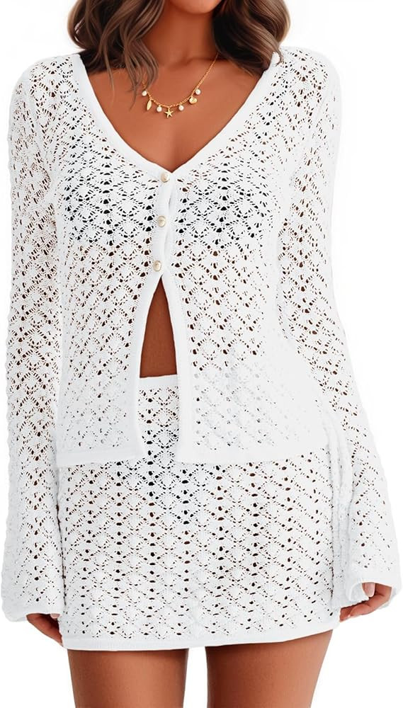 Fisoew Womens Crochet 2 Piece Cover Up V Neck Bell Sleeve Button Cardigan Sheer Mesh Beach Mini S... | Amazon (US)