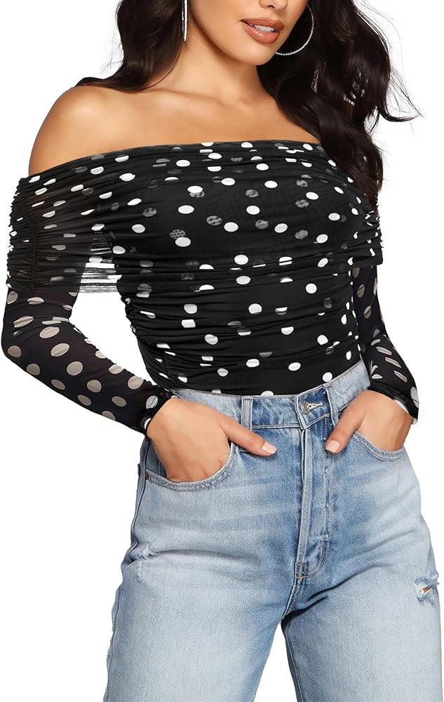 SAUNGKUAI Women's Off The Shoulder Long Sleeve Bodysuit Sexy Slimming Body Suit Tops Sheer Mesh R... | Amazon (US)