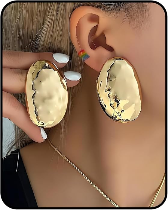 Chunky Gold Statement Earrings for Women, Large Irregular Hammered Oval Studs Vintage Molten Meta... | Amazon (US)