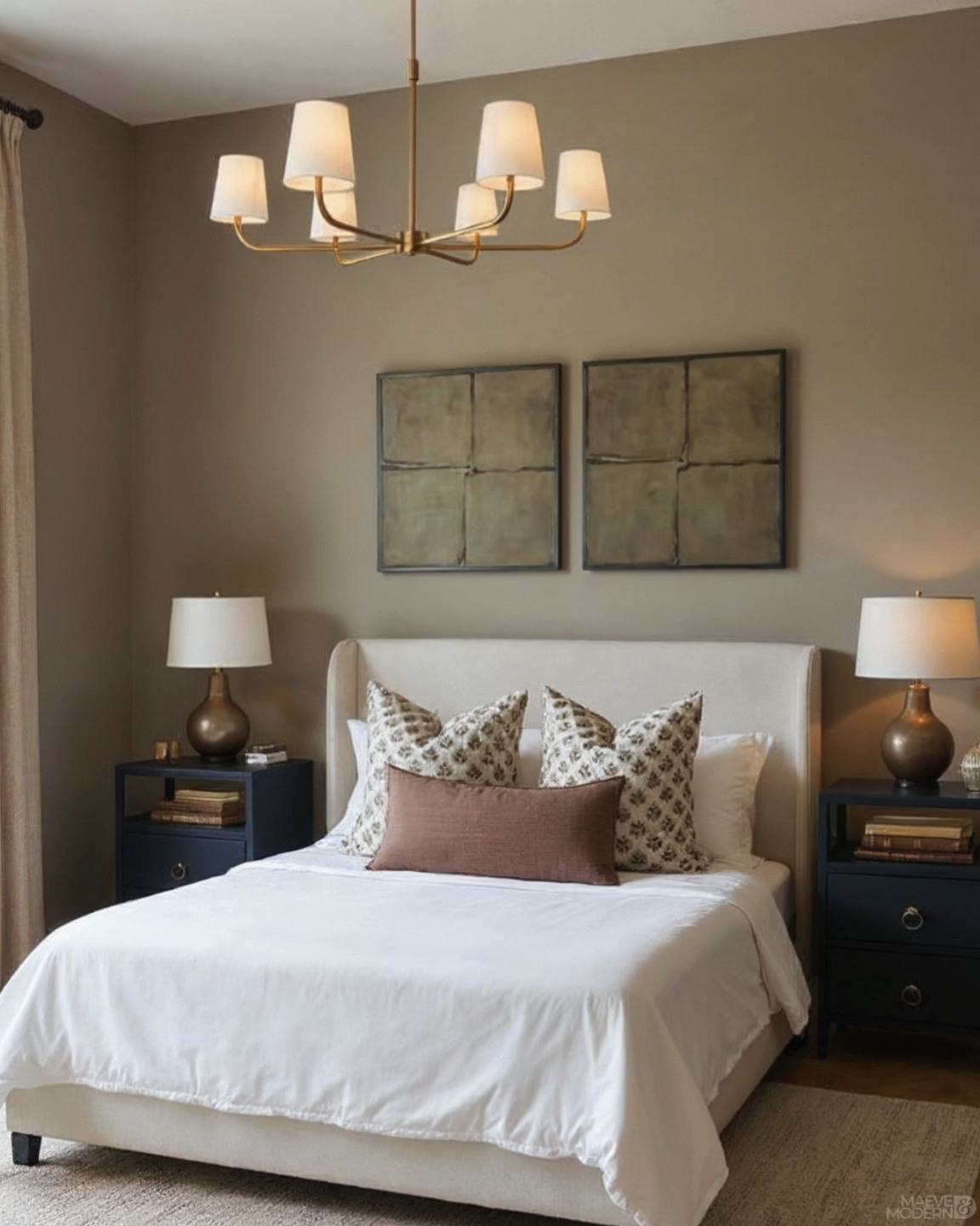 Warm Neutral Bedroom Refresh — an organic modern retreat with an upholstered headboard, crisp white bedding, block-print accent pillows, and a rust lumbar for cozy contrast. Navy nightstands with brass lamps anchor the space, while a modern brass chandelier, pinch-pleat linen curtains, tonal wall art, and a layered textured rug over herringbone wood floors create a calm, elevated look. 🖤 If you want to see more content like this, FOLLOW maeveandmodern on LTK, Instagram, and Pinterest! Check out our blog where we post daily, maeveandmodern.com! Neutral bedroom | Organic modern bedroom | Upholstered headboard | White bedding | Block print pillows | Rust lumbar pillow | Navy nightstands | Brass table lamps | Modern brass chandelier | Pinch-pleat curtains | Neutral wall art | Textured area rug | Herringbone wood floors | Cozy minimalist style | Warm earthy tones | Collected yet refined #LTKFindsUnder100

#LTKHome#LTKSaleAlert#LTKSeasonal#LTKHome#LTKSaleAlert