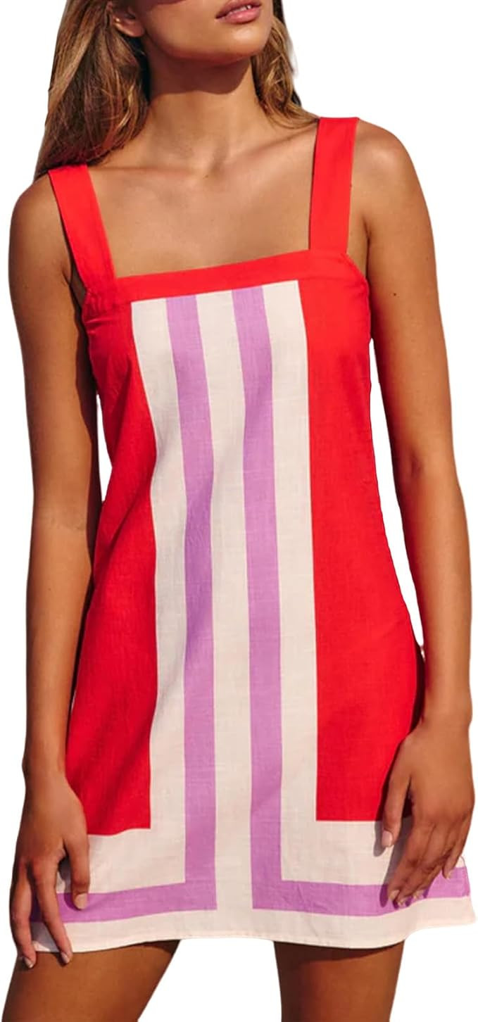 Women's Striped Mini Dress Summer Bohemian Floral Sundress Color Block Dresses Strap Beach Dress ... | Amazon (US)