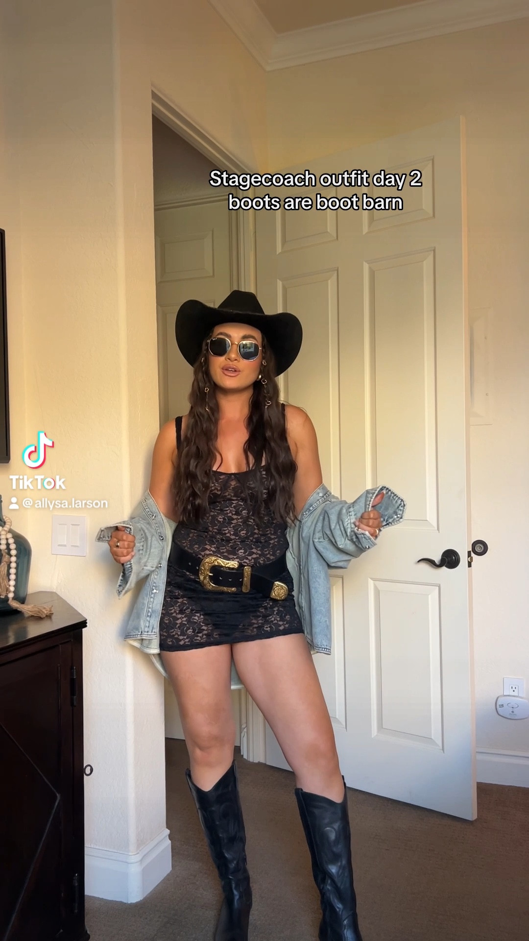 Black lace mini dress outfit for stagecoach styled with a denim button down and cowboy boots 

#LTKootd #LTKFestival #LTKSeasonal