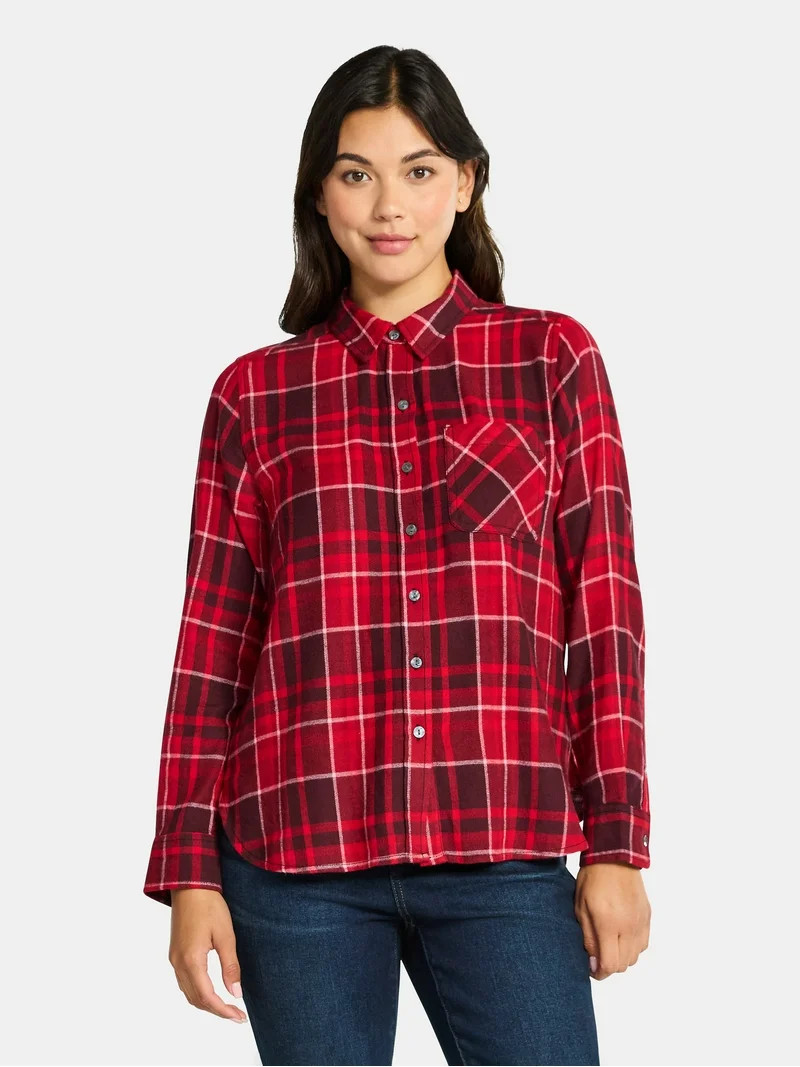 Time and Tru Women's Flannel Long Sleeve Shirt, Sizes XS-XXXL | Walmart (US)