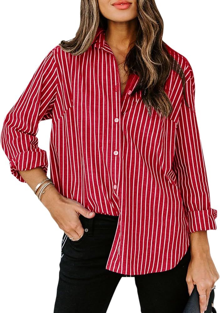 siliteelon Womens Button Down Shirts Cotton Striped Dress Shirt Long Sleeve Collared Office Work ... | Amazon (US)