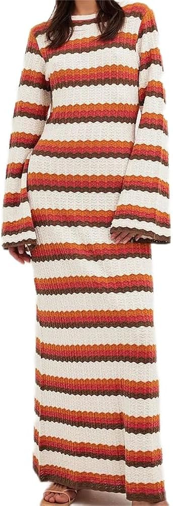 Punki Women Maxi Dress Casual Ruffle Sleeve Long Pullover Dress 2024 Striped Red White Color Fit ... | Amazon (US)