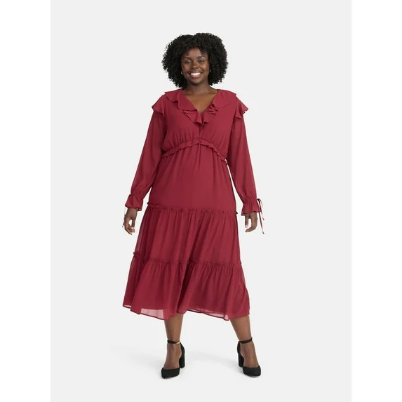 Time and Tru Women's and Women's Plus Ruffle Tiered Midi Dress with Long Sleeves, Sizes XS-4X | Walmart (US)