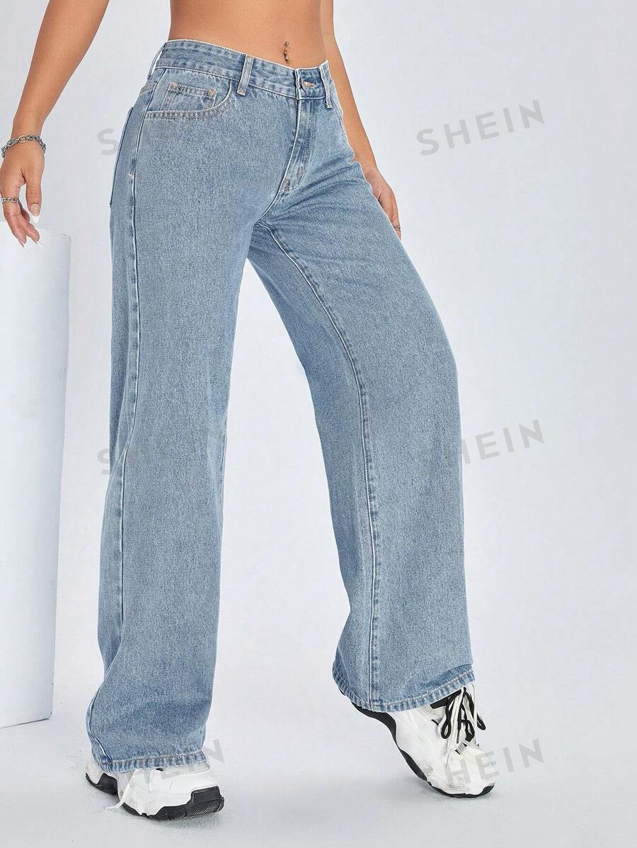 SHEIN ICON Denim Solid Color Simple Design Long Pants | SHEIN