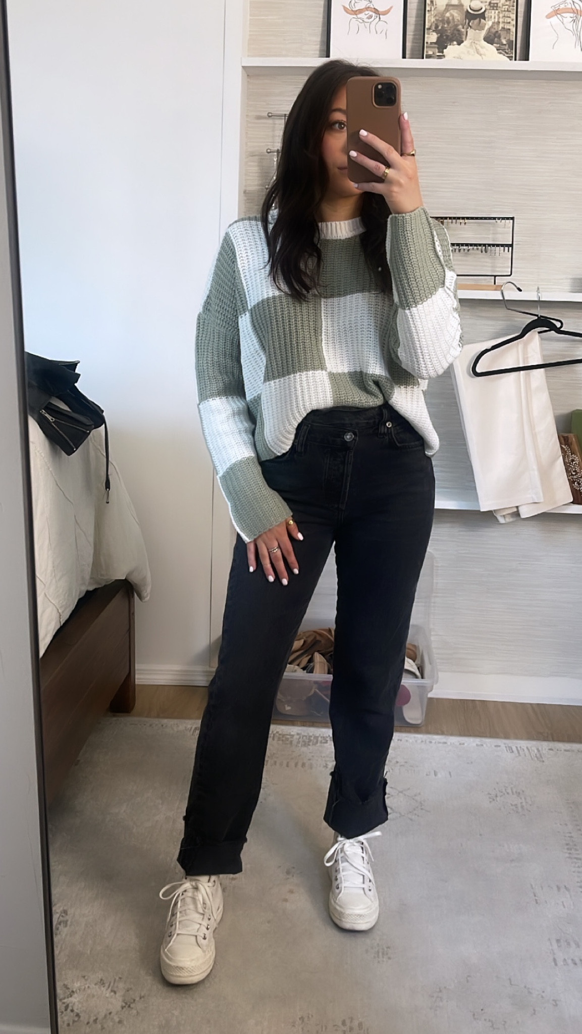 Sage olive green checkered sweater / agolde asymmetrical criss cross denim 

#LTKFind #LTKstyletip