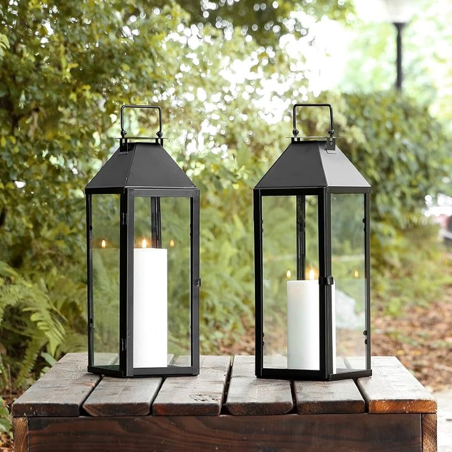 SAFAVIEH Lighting Collection Ruane Black Metal/Clear Glass Outdoor Lantern Set of 2 | Amazon (US)