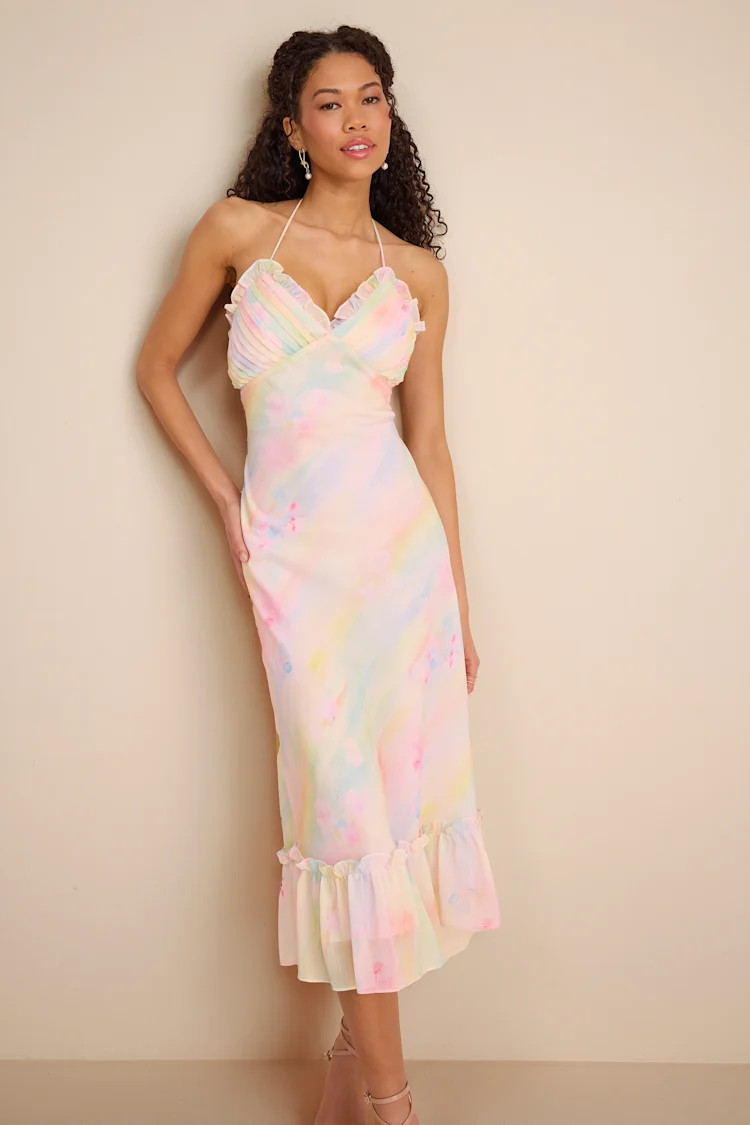 Jamaya Multi Abstract Floral Lace-Up Midi Dress | Lulus