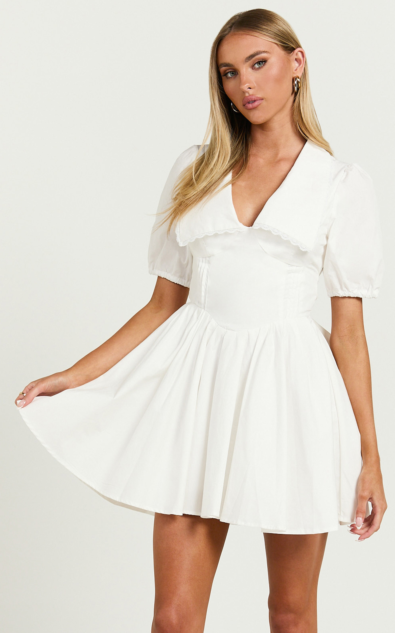 Jhorgen Mini Dress - Collared Puff Sleeve Dress in White | Showpo (ANZ)