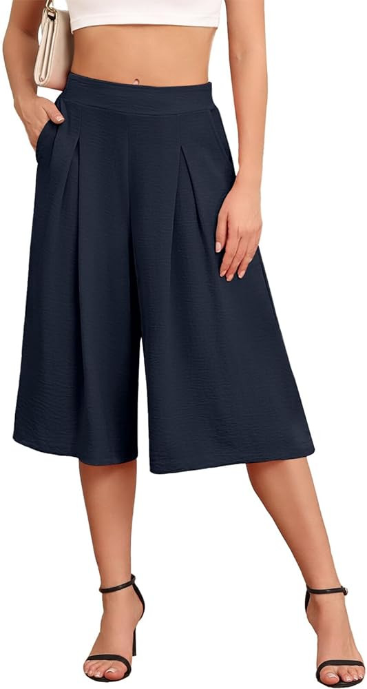 Askyes Women's Wide Leg Lounge Capri Pants with Pockets Elastic Casual High Waisted Loose Trouser... | Amazon (US)