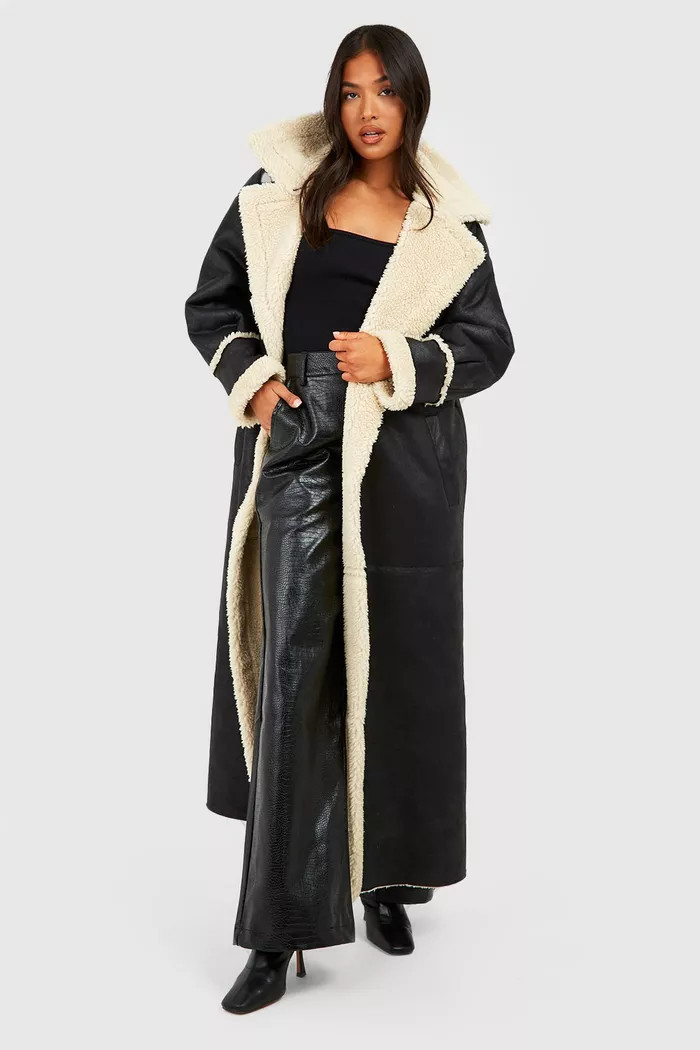 Petite Vintage Look Maxi Aviator Coat | boohoo (US & Canada)