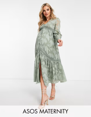 ASOS DESIGN Maternity button through midi shirt dress with lace inserts in burnout in khaki | ASOS (Global)