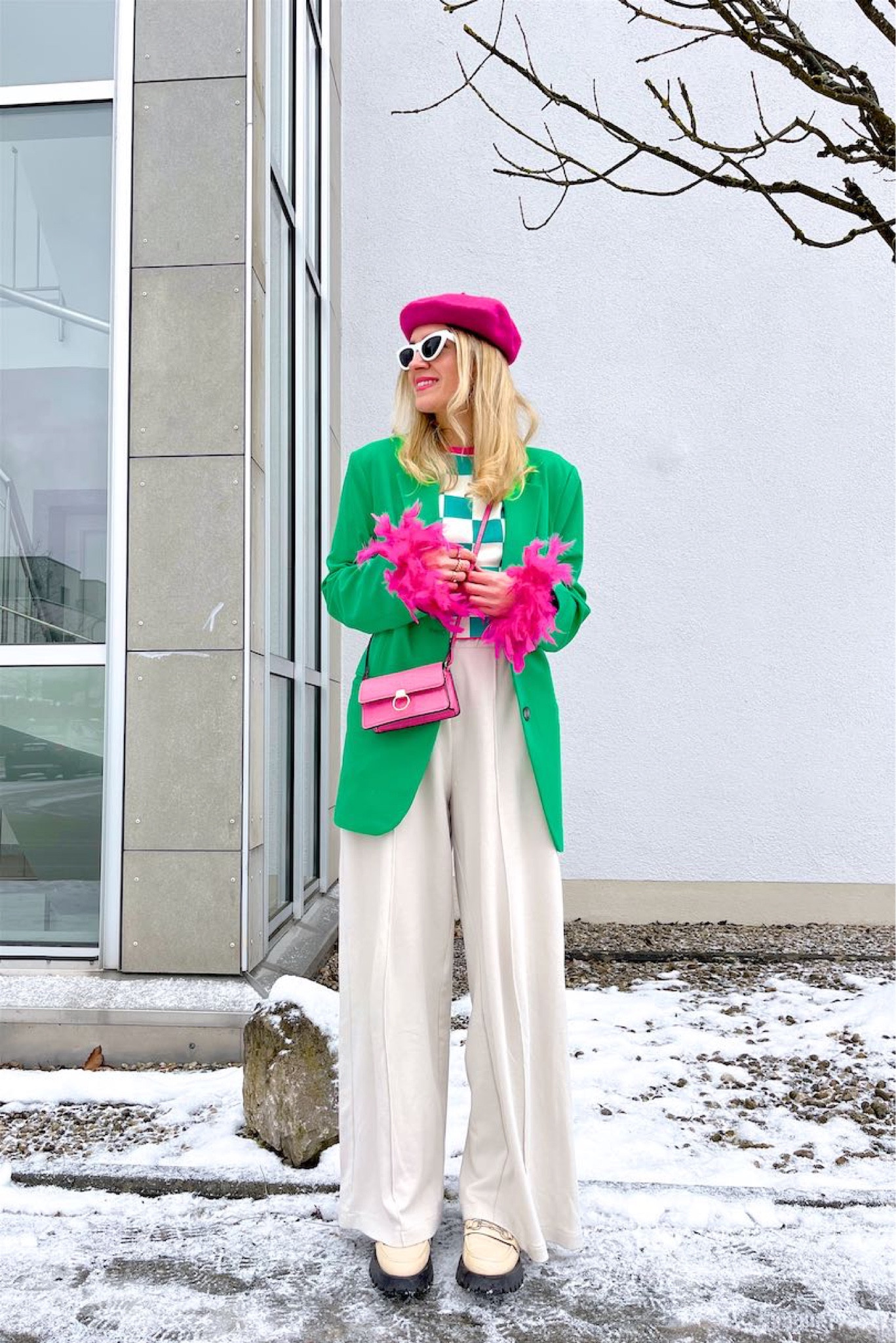 Feather Hem Details. Fashion and Style Blog Girl from Heartfelt Hunt. Girl with blonde hair wearing a green oversized blazer, pink feather hem details, pink beret, white cat-eye sunglasses, check board print top, wide leg pants, pink mini bag and chunky loafers. #colorfuloutfit #colorfulstyle #colorfulfashion #colorfullooks #fashionfun #cutefalloutfit #fallfashion2022 #falllookbook #fitcheck #dailylooks #dailylookbook #contentcreator #microinfluencer #discoverunder20k