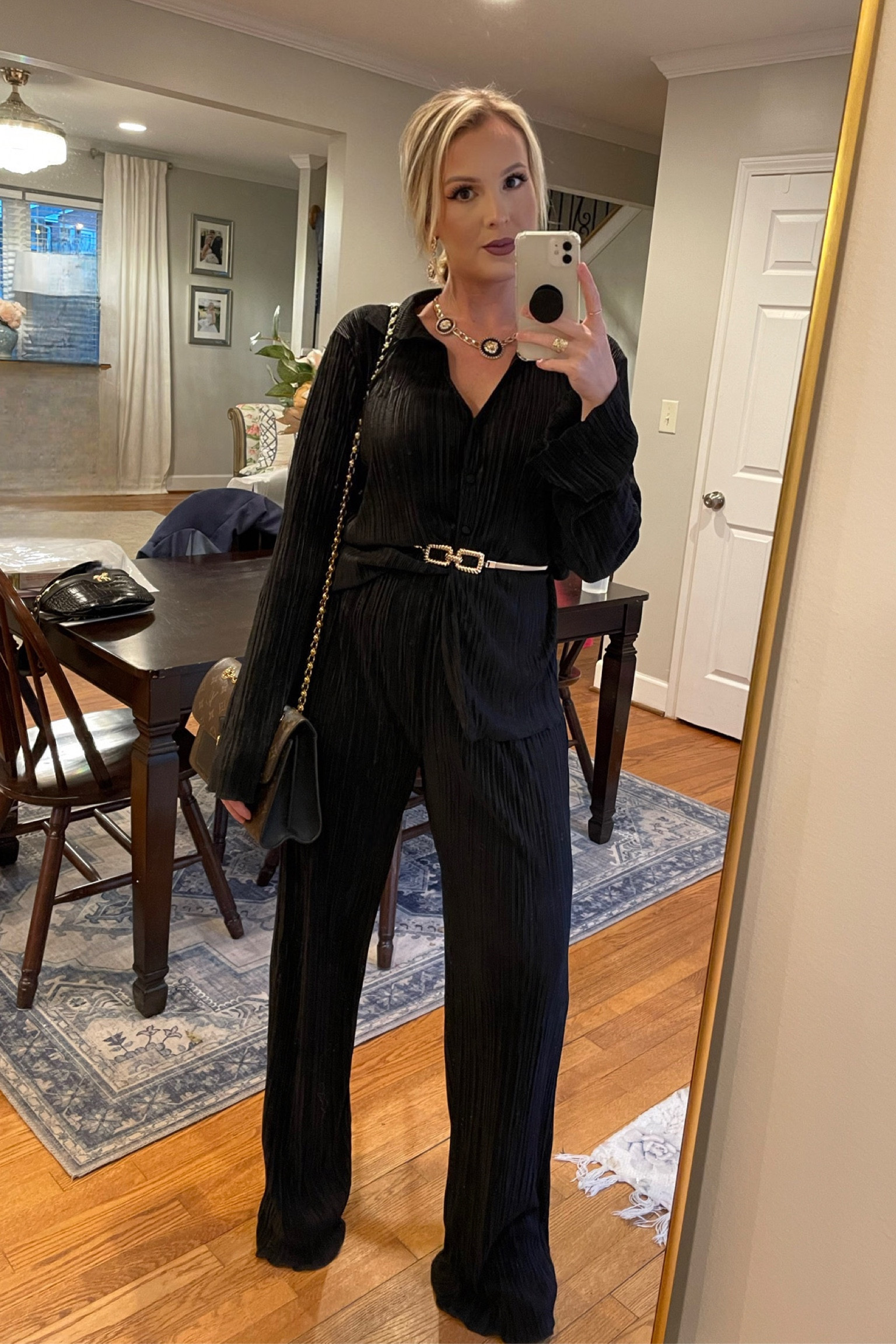 Black plisse outfit, plisse set, fall outfit, monochrome, black set, gold belt, statement necklace, Louis Vuitton purse🖤 

#LTKunder50 #LTKSeasonal