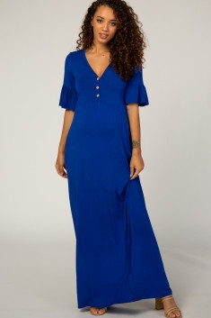 Royal Blue Button Ruffle Sleeve Maternity Maxi Dress | PinkBlush Maternity