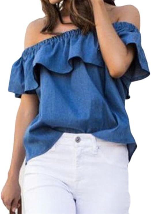 S-Fly Women's Denim Jean Blouse Stylish Ruffles Off Shoulder Top T-Shirt | Amazon (US)