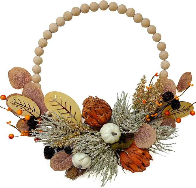 TEMPUS 16" Fall Wood Bead Front Door Wreath Artichoke Wood Chip Autumn Leaf Wreath Harvest, Thank... | Amazon (US)