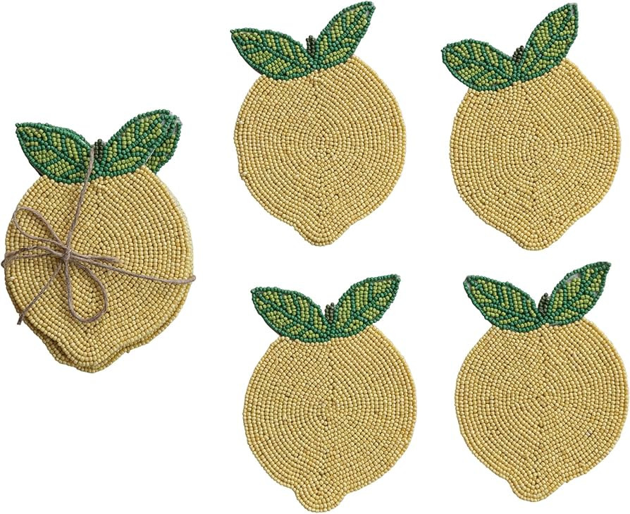 Creative Co-Op 4-Piece Handmade Beaded Lemon Coasters with Jute Tie, Yellow and Green | Amazon (US)