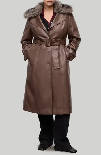 MANGO Fernanda Faux Leather Belted Coat with Removable Faux Fur Trim in Medium Brown at Nordstrom Rack, Size Small | Nordstrom Rack